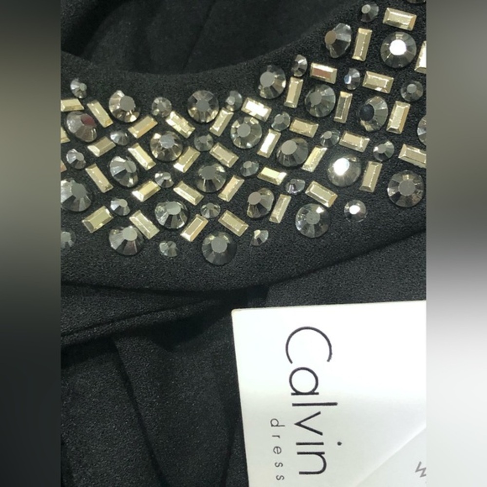Calvin Klein Black Gold Metallic Embellished Mock Neck Fit & Flare Dress size 12 - Picture 4 of 8